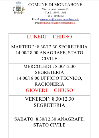 Orari Apertura Uffici Comunali